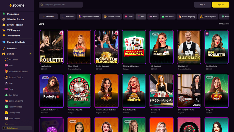 Zoome Casino — Live dealer lobby