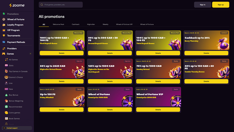 Zoome Casino — Promotions page