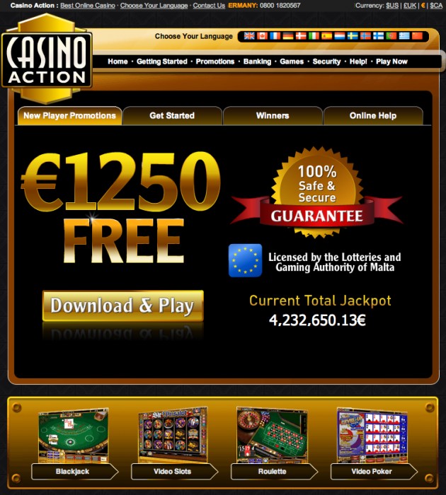 casino action $1 deposit bonus